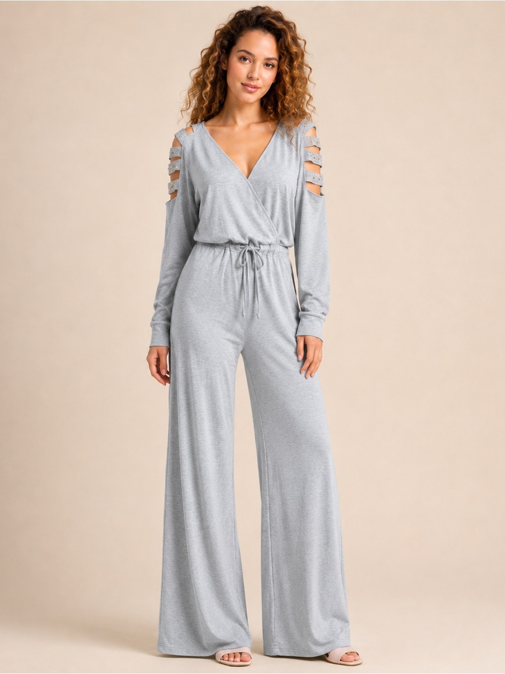 VENUS Rhinestone Cutout Shoulder Wide Leg Jumpsuit Gray Women’s Size Small
